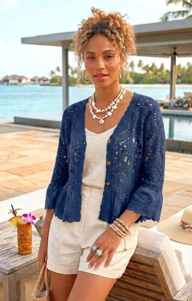 LACE TRIM CROCHET CARDI - 8-12 - NAVY