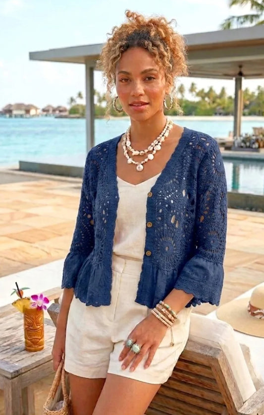 LACE TRIM CROCHET CARDI - 8-12 - NAVY