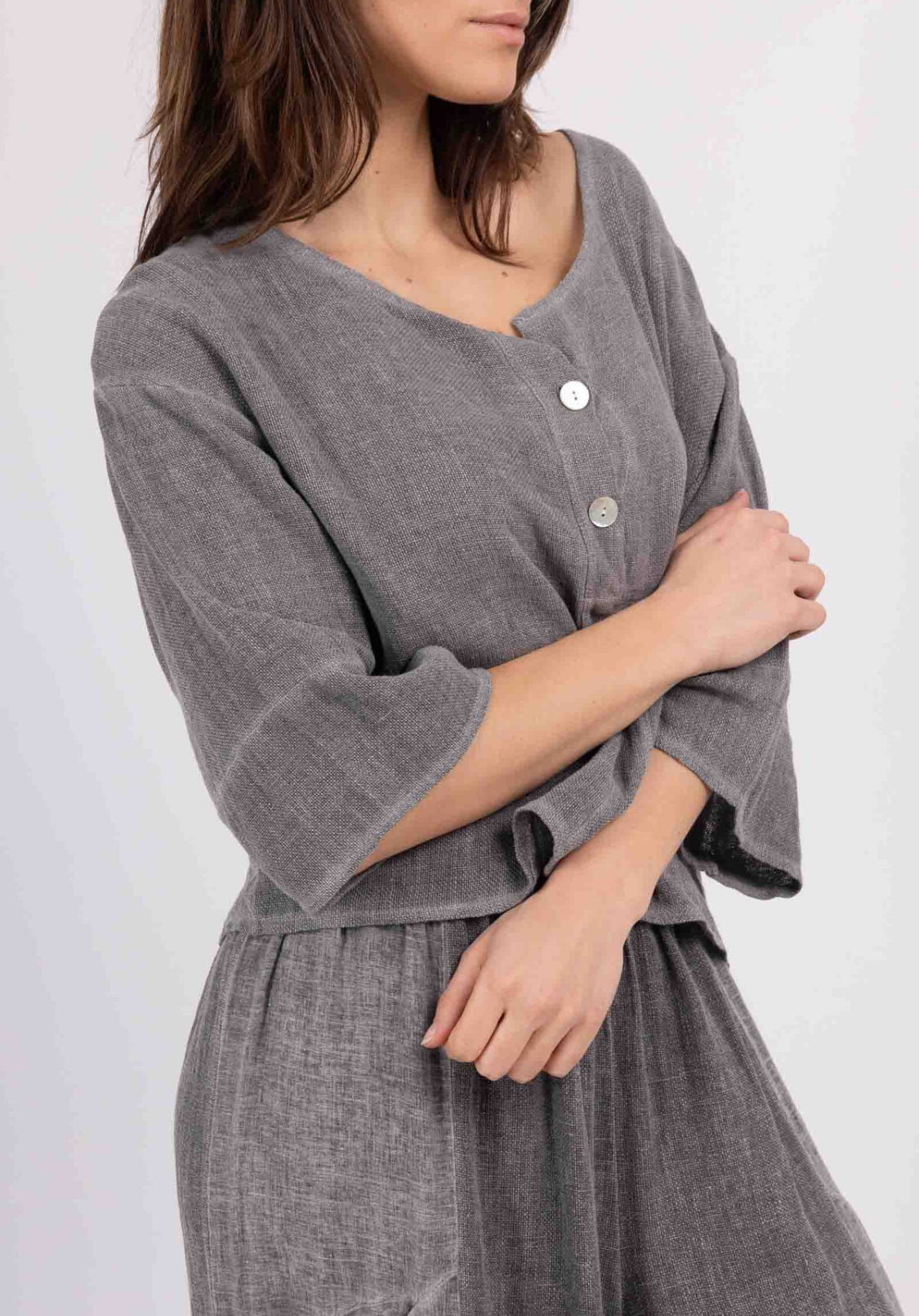 COTTON/LINEN BLEND BUTTON DETAIL TOP - 8-14 - CHARCOAL