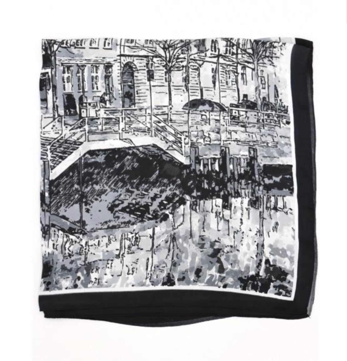 SILK BLEND NECK SQUARE CITYSCAPE SCARF - BLACK/WHITE