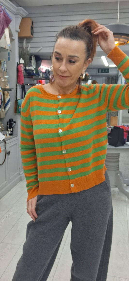 *SALE**CASHMERE BLEND STRIPE CARDI - 10-16 - ORANGE/GREEN