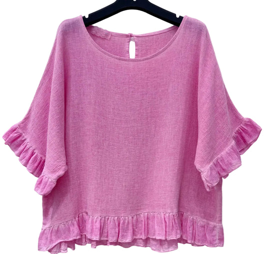 LINEN/COTTON FRILL TRIM TOP - 10-16 - PINK