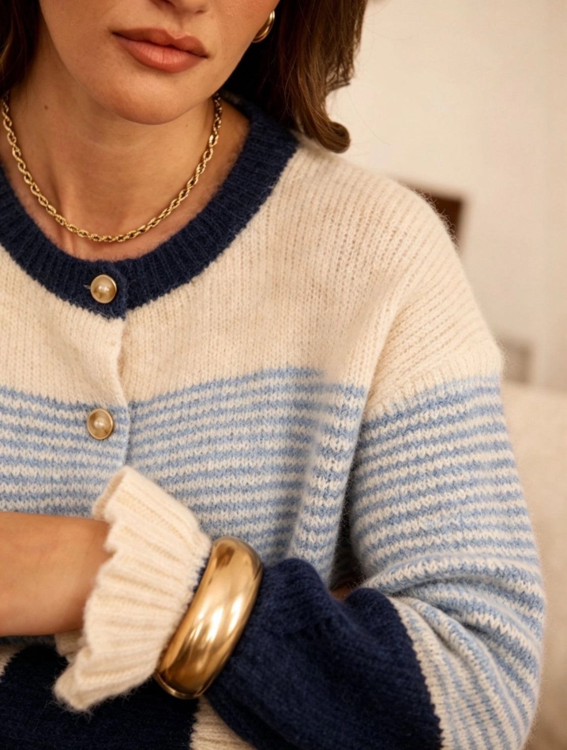 STRIPE FRILL SLEEVE CARDI - 10-16 - BLUE