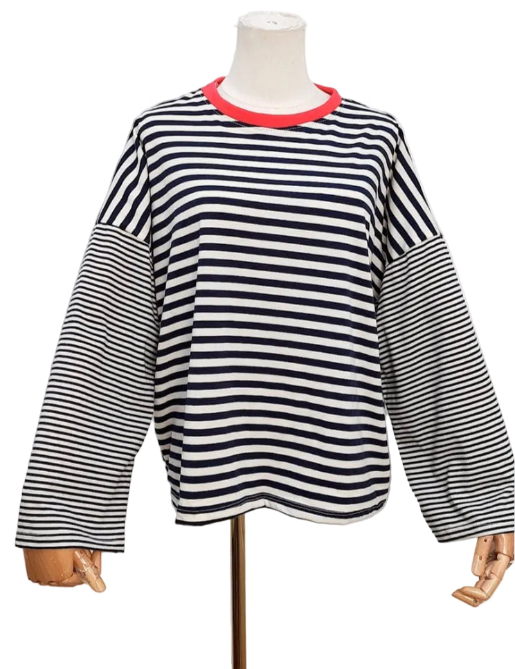 COTTON BLEND STRIPE TOP - 8-14 - NAVY