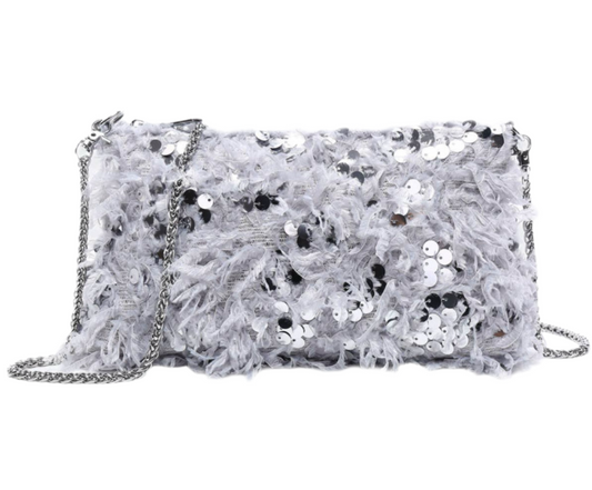 SEQUIN FEATHER OCCASION BAG - SILVER GREY