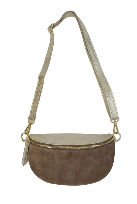 LEATHER SLING BAG - TAUPE/METALLIC