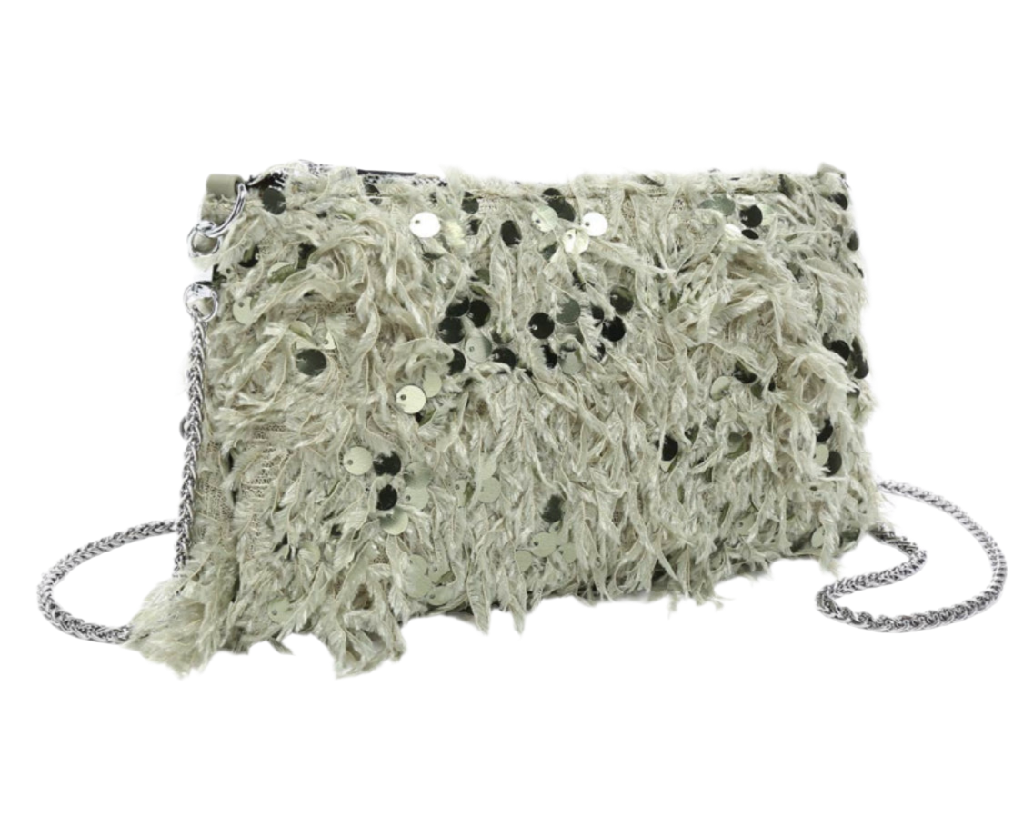 SEQUIN FEATHER OCCASION BAG - SAGE