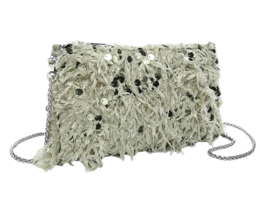 SEQUIN FEATHER OCCASION BAG - SAGE