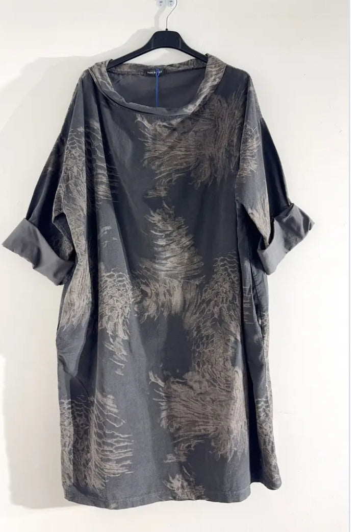 CORDUROY COWL COLLAR PRINT DRESS - 10-16 - 100% COTTON - GREY