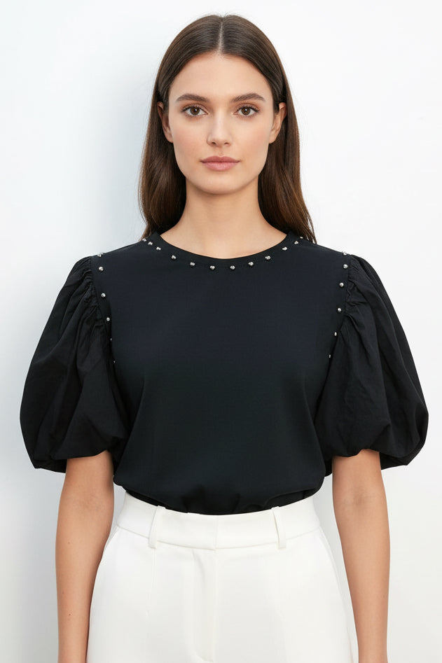 COTTON STUD PUFF SLEEVE TOP - 8-14 - BLACK