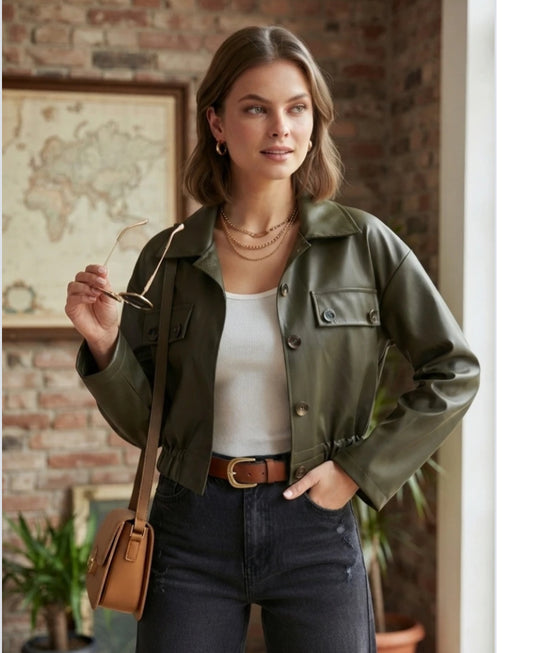 LEATHERETTE BOMBER JACKET - 10-16 - KHAKI