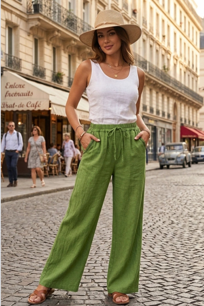 STITCH DETAIL LINEN PANTS - 10-16 - LIME