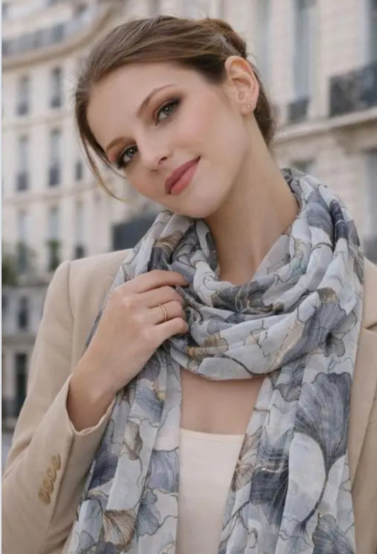 FOIL GINKO PRINT SCARF - GREY