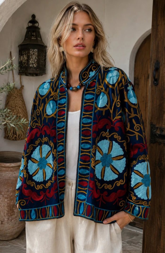 VELVET EMBROIDERED JACKET - 10-14- NAVY