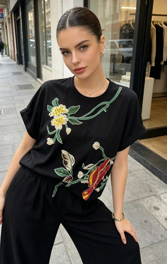 COTTON FLORAL EMBROIDERED TEE - 10-16
