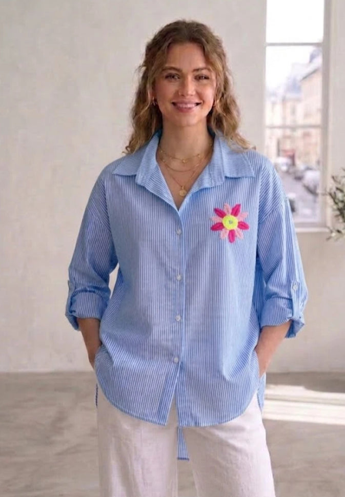 COTTON DIP HEM STRIPE SHIRT - 10-16 - BLUE