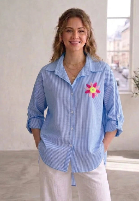 COTTON DIP HEM STRIPE SHIRT - 10-16 - BLUE