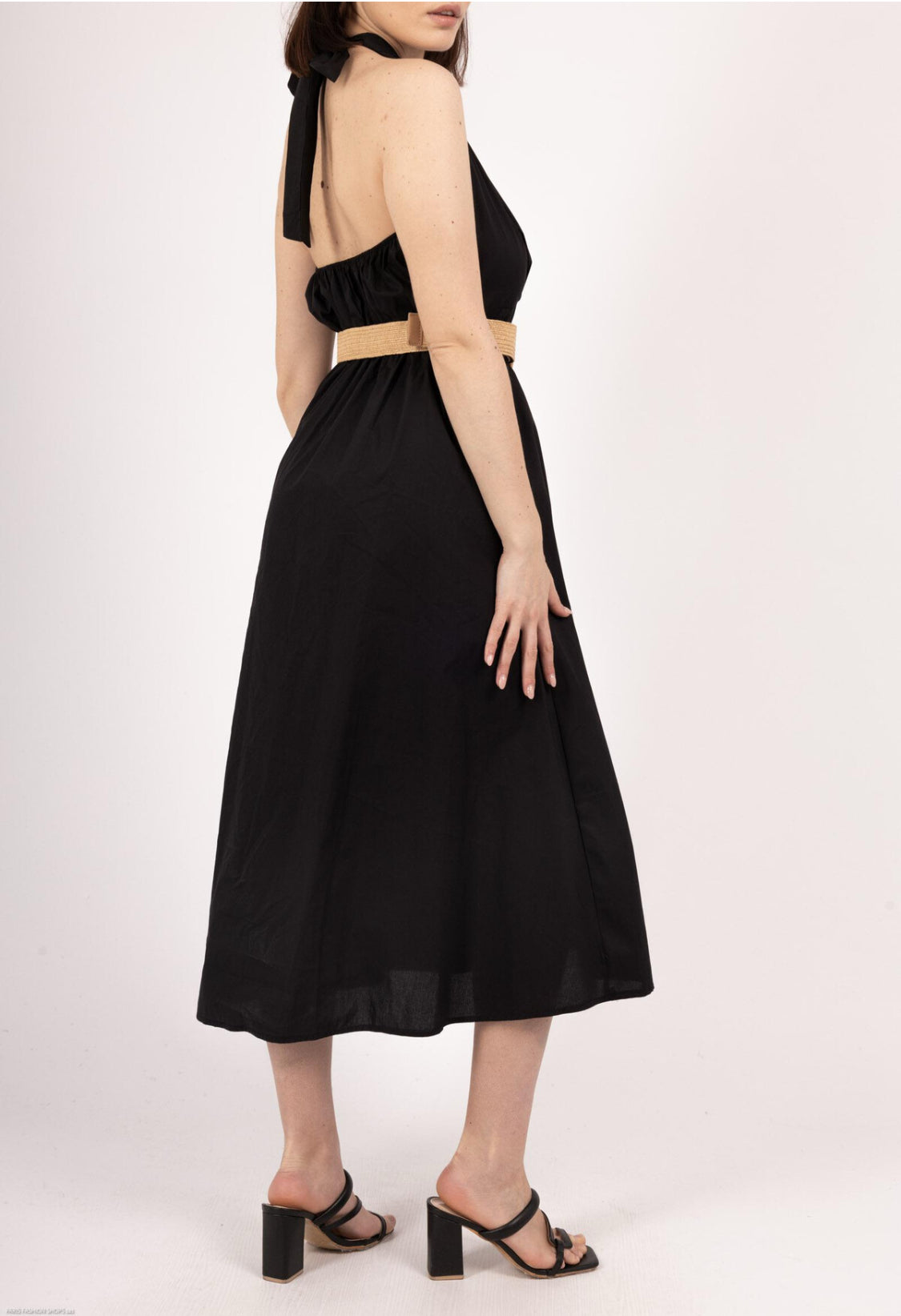 COTTON HALTERNECK BELTED DRESS - 8-12 - BLACK