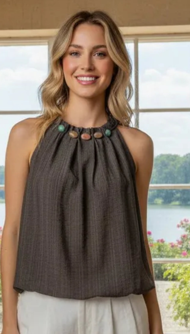 BEAD NECKLINE TOP - 8-14 - CHOCOLATE
