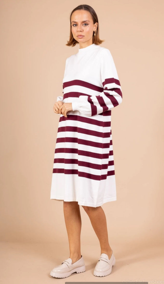 STRIPED KNIT DRESS - 10-16 - BURGUNDY