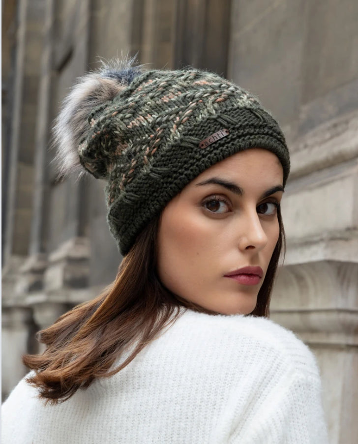 FLEECE LINED POM HAT - KHAKI