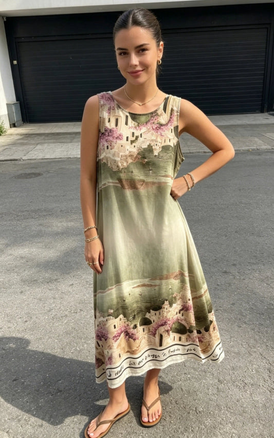 ART PRINT DRESS - 8-14 - KHAKI