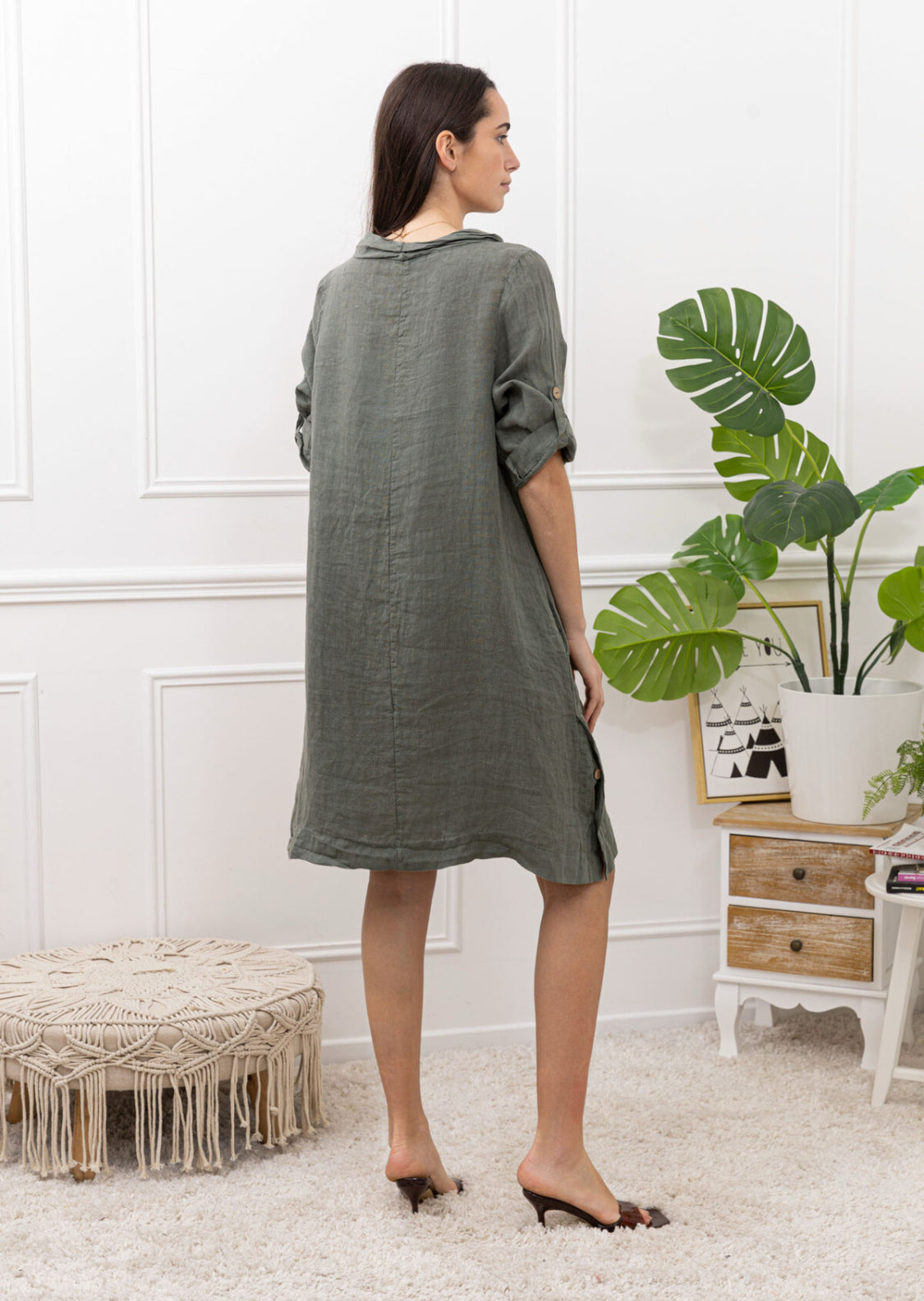 COWL BUTTON DETAIL LINEN DRESS - 10-16 - KHAKI