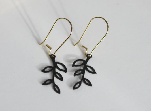 KAIKO - BLACK LEAF EARRINGS- 16K GOLD PLATED BRASS