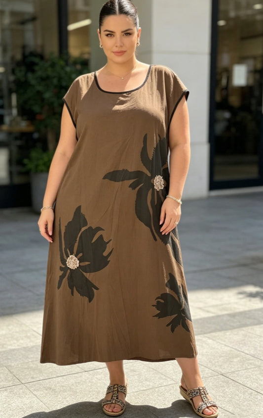 COTTON FLORAL APPLIQUÉ DRESS - 12-18 - CHOCOLATE