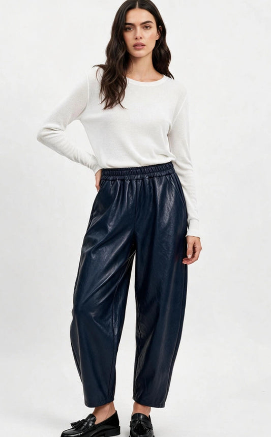LEATHERETTE BARREL PANTS - 10-16 - NAVY