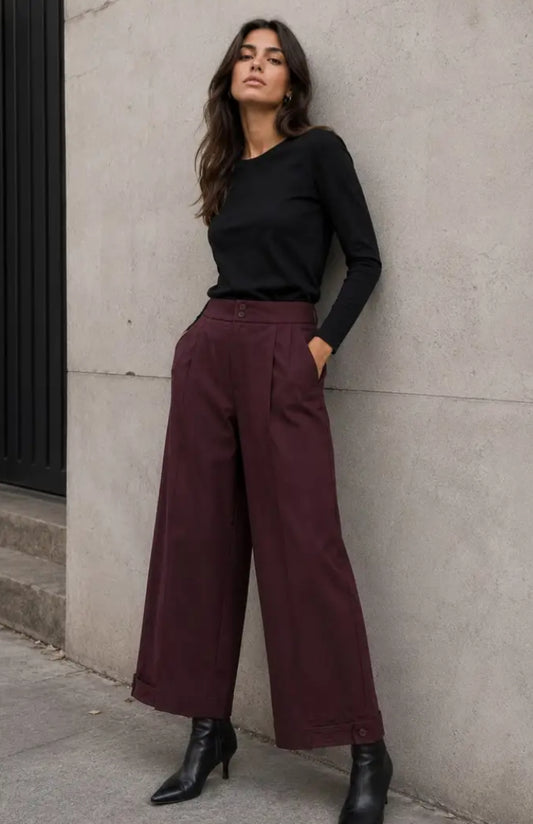BUTTON HEM PALAZZO - 10-12 & 14-16 - BURGUNDY