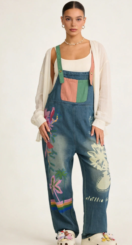 PRINT DENIM DUNGAREES - 10-16