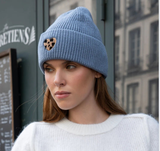 LEOPARD PRINT HEART BEANIE - BABY BLUE