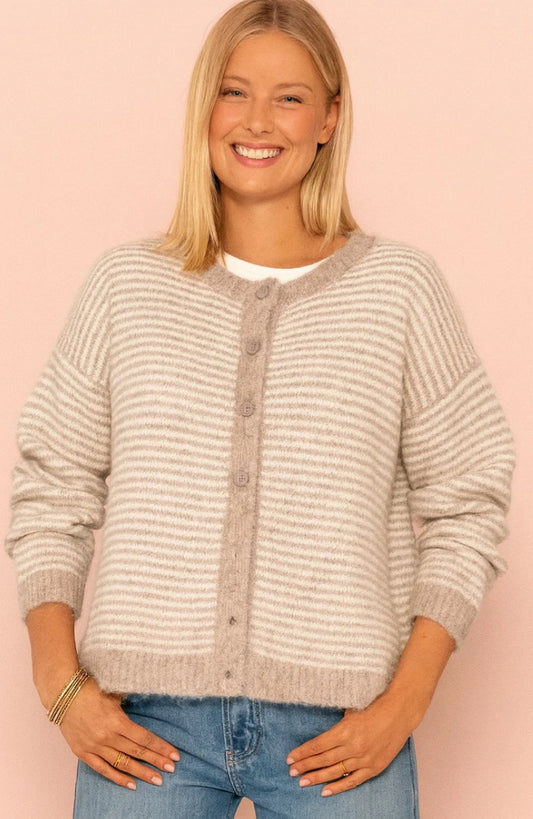 ALPACA WOOL BLEND STRIPE KNIT CARDI - 10-16 - BEIGE