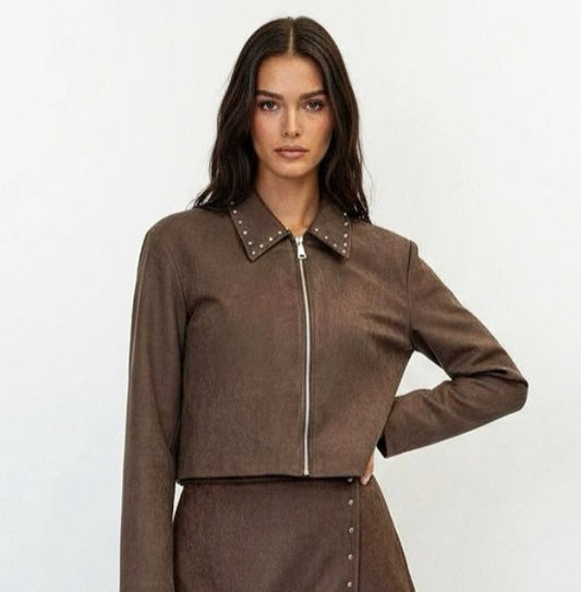 SUEDETTE STUD JACKET - 8-12 - CHOCOLATE
