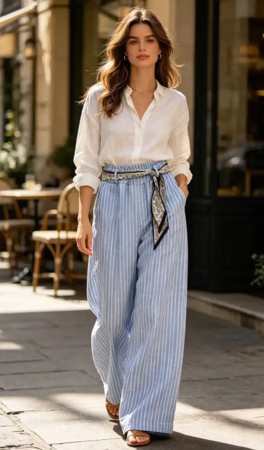 SCARF BELT STRIPE PALAZZO - 8-12/14 BLUE