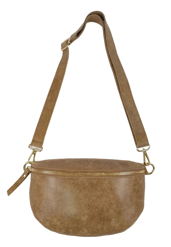LEATHER SLING CROSSBODY- CAMEL