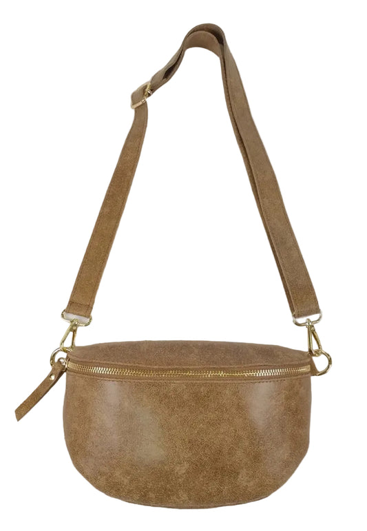 LEATHER SLING CROSSBODY- CAMEL
