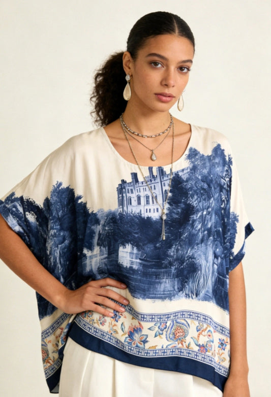 SILK BLEND TUNIC TOP - 10-16 - NAVY