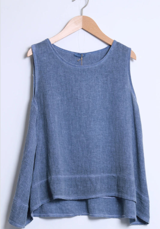 COTTON/LINEN SLEEVELESS TOP - 10-16 - DENIM BLUE