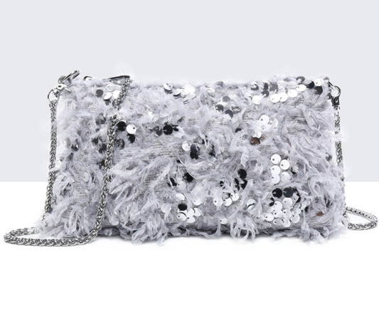 SEQUIN FEATHER OCCASION BAG - SILVER GREY
