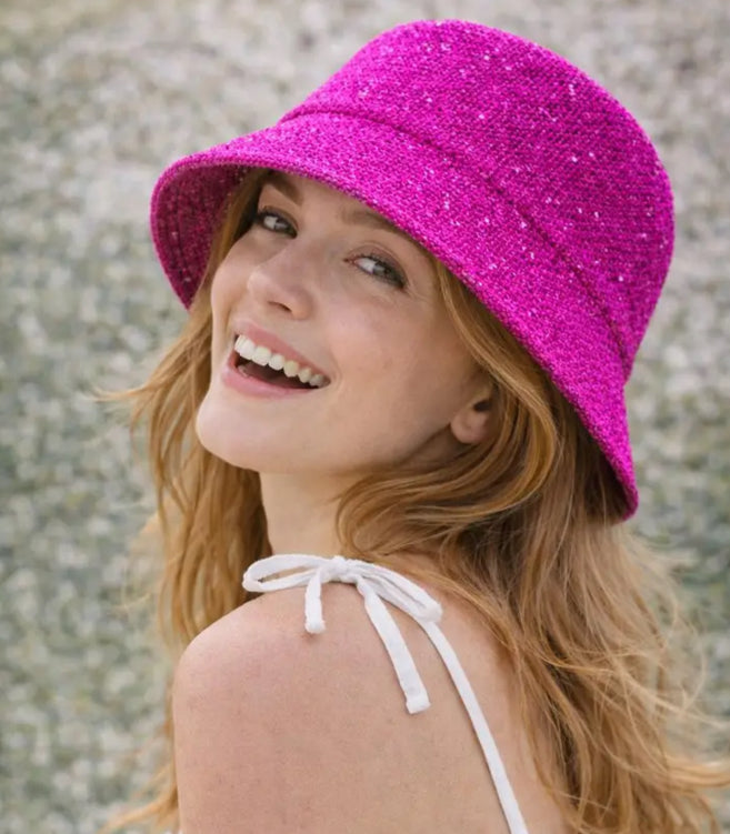 WOVEN SEQUIN BUCKET HAT - FUSCHIA