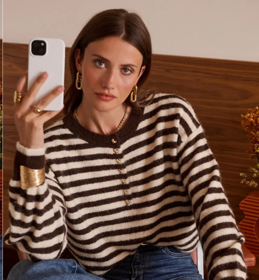 BUTTON STRIPE KNIT - 8-14/16 - CHOCOLATE