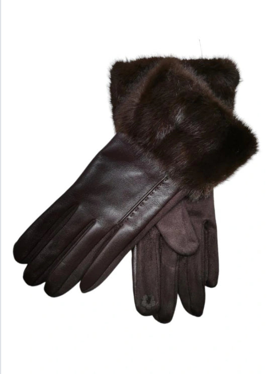 LEATHERETTE GLOVE WITH FAUX FUR TRIM - CHOCOLATE