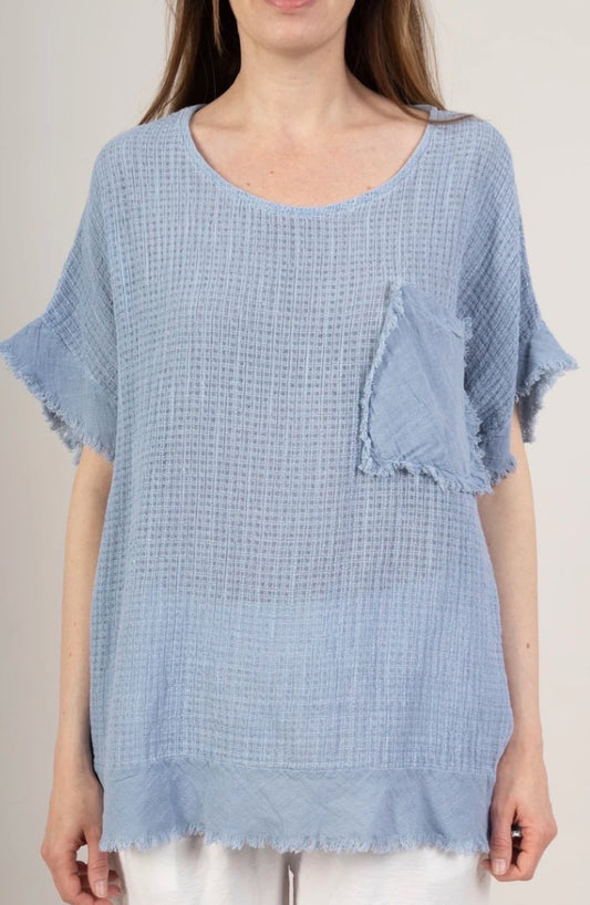 MESH COTTON/LINEN BLEND POCKET TOP - 10-16 - BLUE