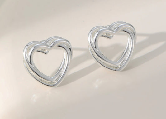 DOUBLE HEART STUD EARRINGS - SILVER
