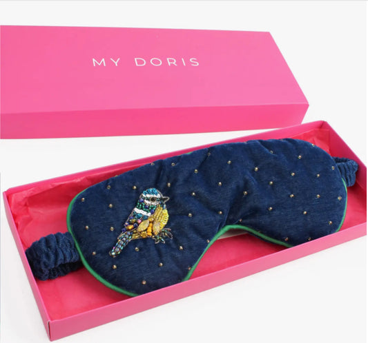 LUXURY VELVET HANDMADE EYE MASK - comes with matching pouch & gift box - BLUE TIT
