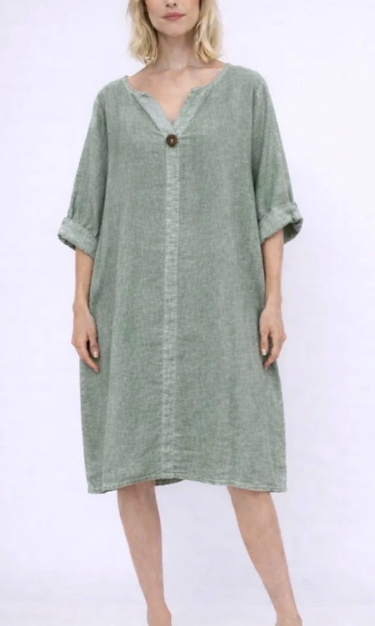 LINEN BLEND TUNIC DRESS - 12-18 - KHAKI