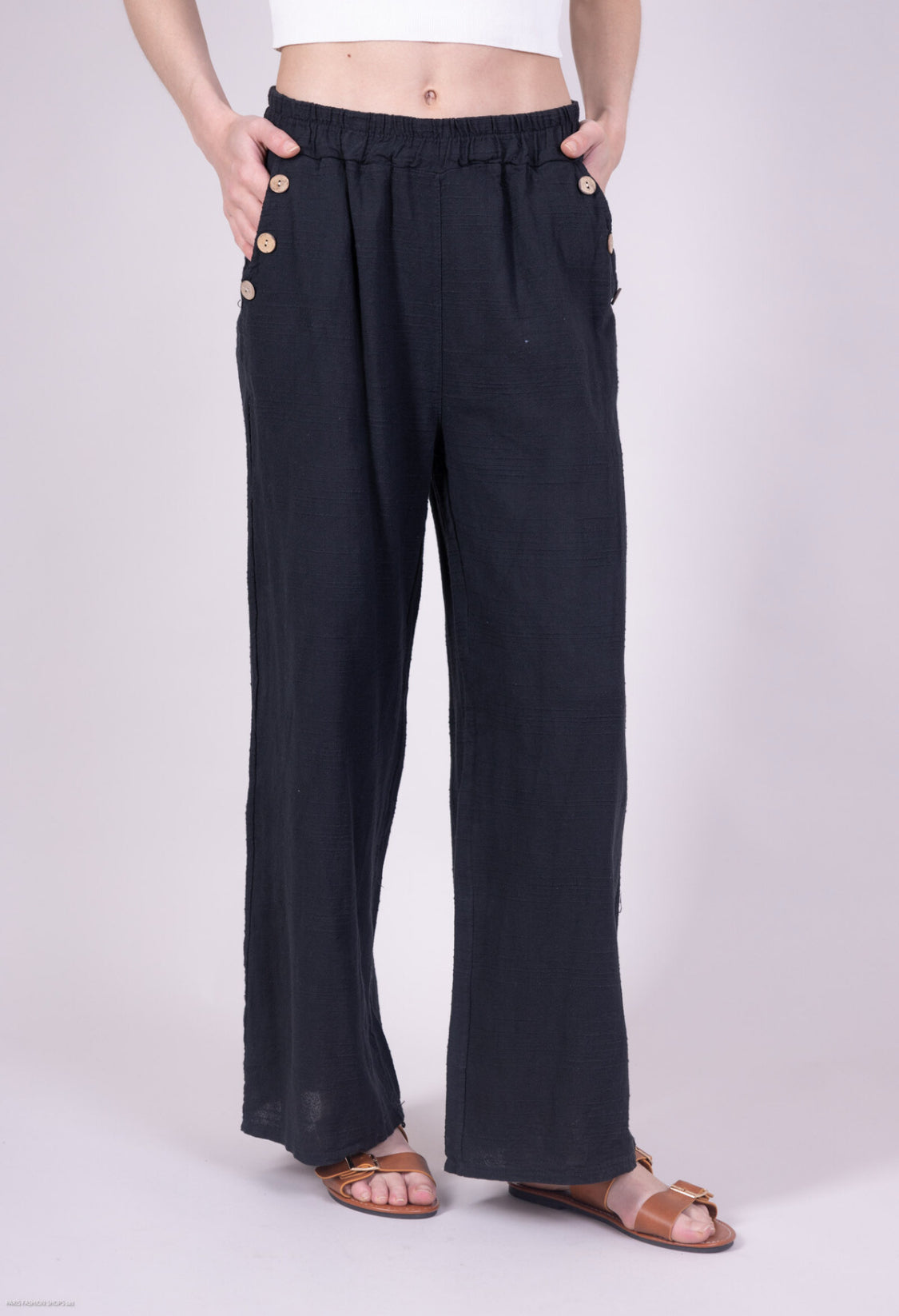 COTTON/LINEN BLEND BUTTON DETAIL PANTS - 8-14 - BLACK