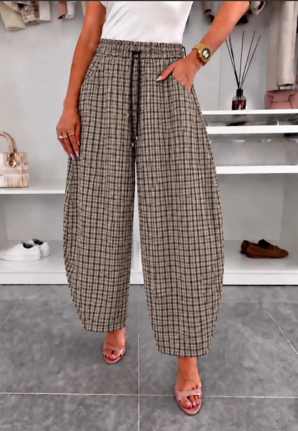 SUEDETTE CHECK BARREL PANTS - 10-16 - NAVY